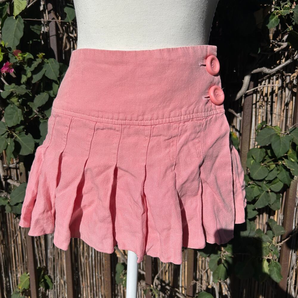 VTG Y2K Arden B Side Buttons Pleated Linen Mini Skirt 00 Pink